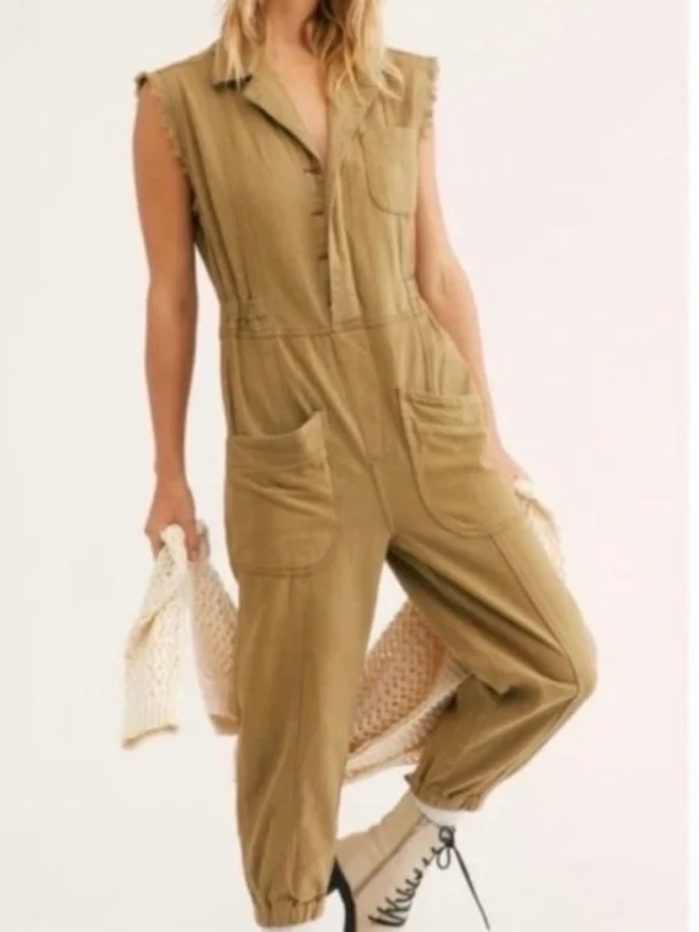One Teaspoon Sleeveless Utility Jumpsuit in Olive Green